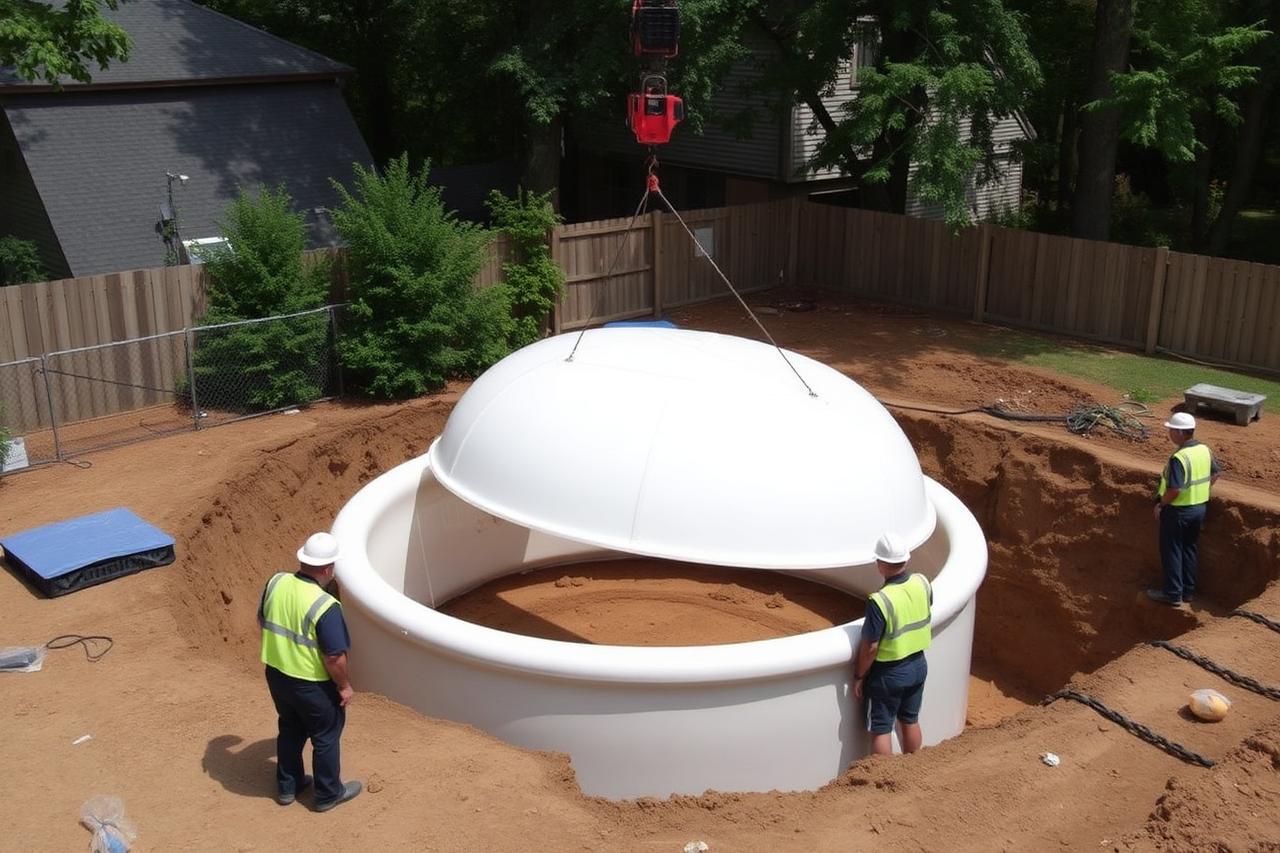 Equipe realizando a instalação de uma piscina de fibra (imagem demonstrativa)