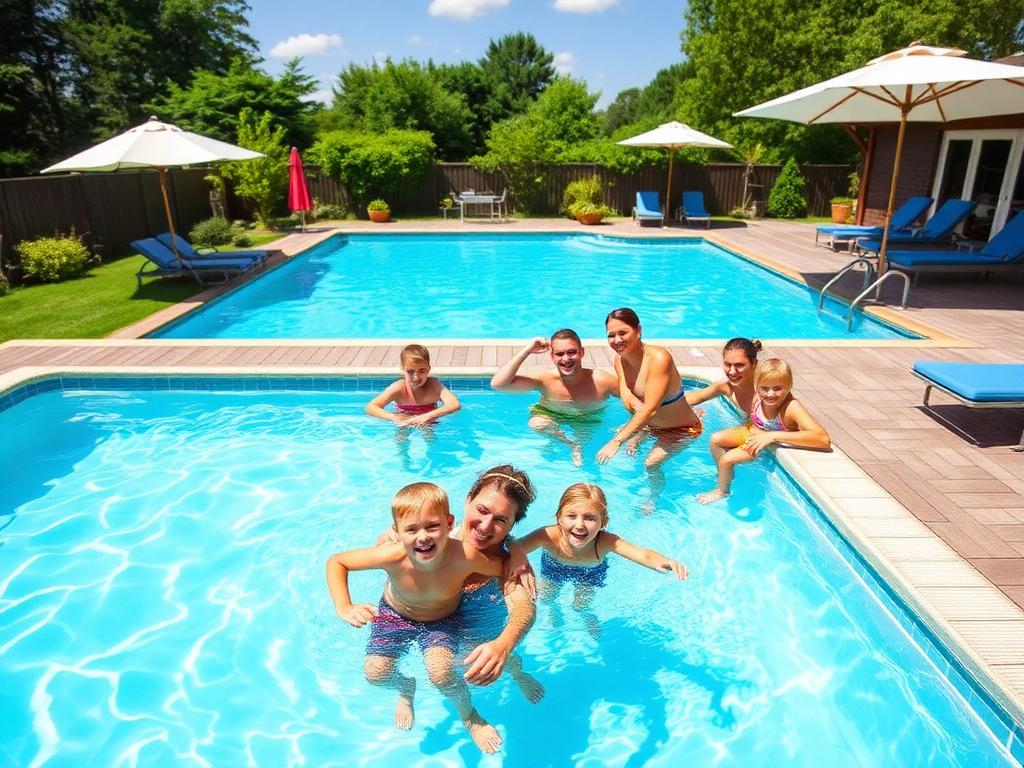 Piscina de fibra modelo Família Sol 8.0 instalada em residência (imagem demonstrativa)